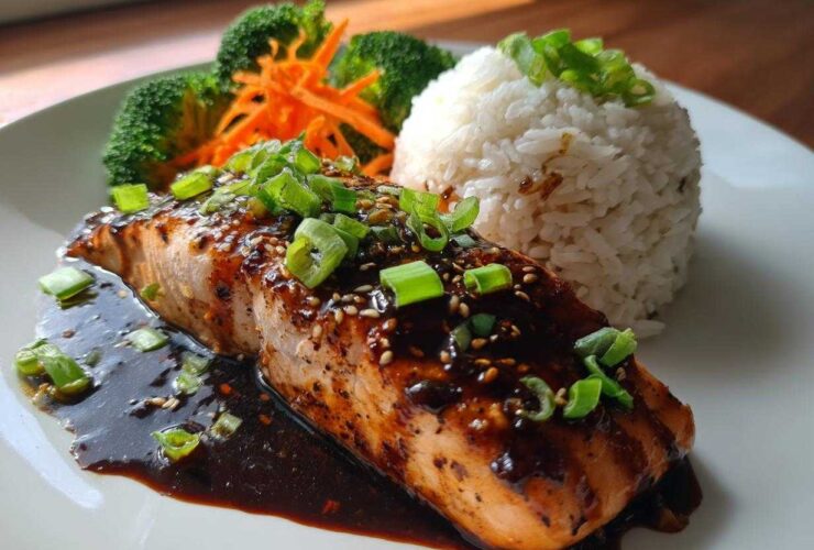 A perfectly cooked piece of Teriyaki Salmon Rice Bowls topped with glossy sauce, sesame seeds, and green onions.