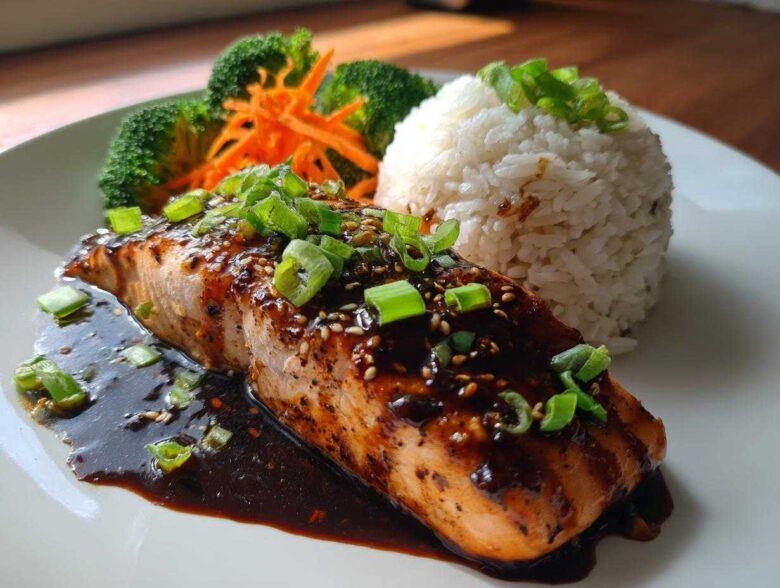 A perfectly cooked piece of Teriyaki Salmon Rice Bowls topped with glossy sauce, sesame seeds, and green onions.