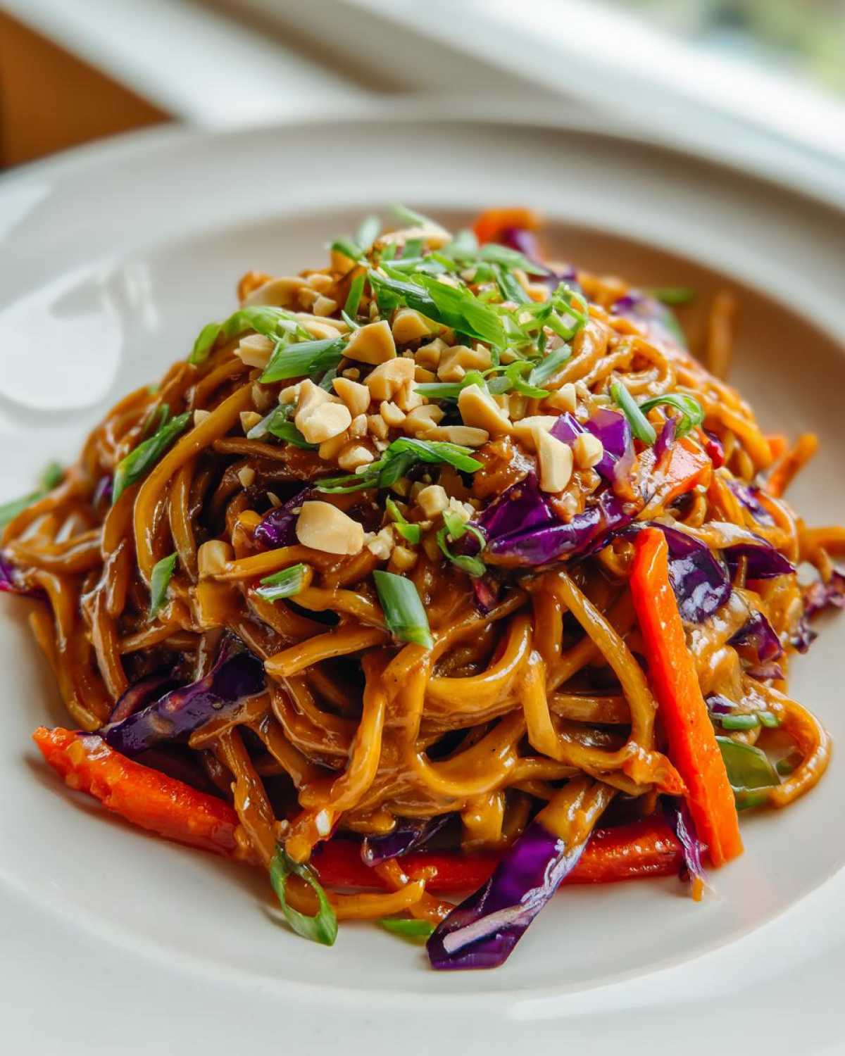 A vibrant serving of Thai Peanut Noodles with crunchy veggies, topped with peanuts and scallions.