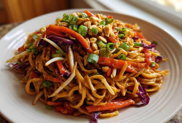 A close-up of a plate piled high with saucy Thai Peanut Noodles with Crunchy Veggies, topped with peanuts and scallions.