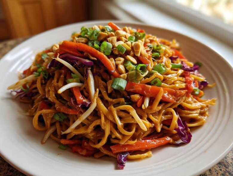 A close-up of a plate piled high with saucy Thai Peanut Noodles with Crunchy Veggies, topped with peanuts and scallions.