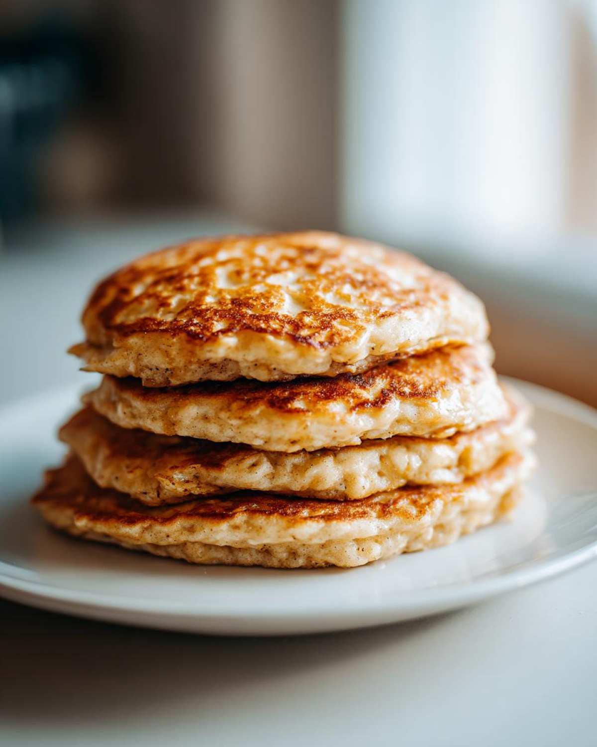 A tall stack of four golden-brown Vegan Banana Oat Pancakes served on a white plate.