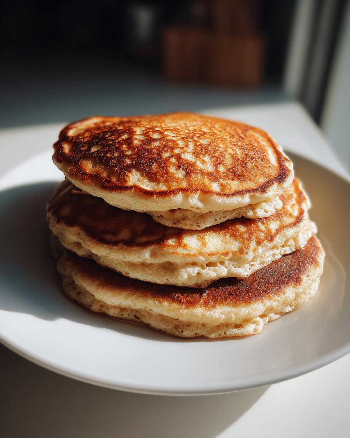 A stack of three golden-brown Vegan Banana Oat Pancakes sitting on a white plate, highlighted by dramatic sunlight.