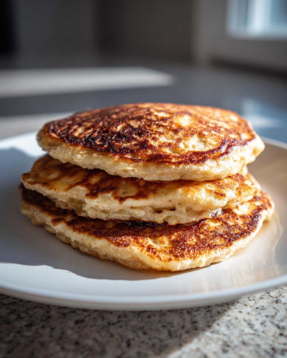 A stack of three golden-brown Vegan Banana Oat Pancakes resting on a white plate.