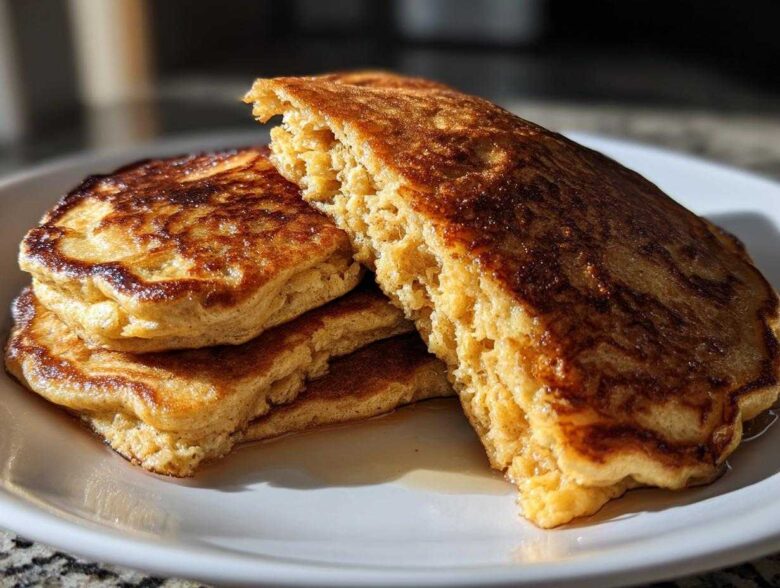 A stack of golden-brown, fluffy Vegan Banana Oat Pancakes drizzled with syrup on a white plate.