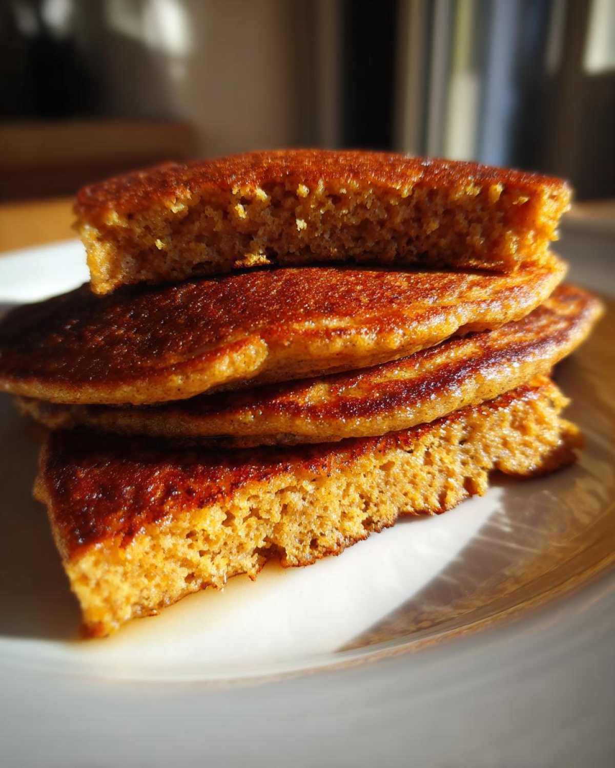 Close-up of a stack of perfectly golden Vegan Banana Oat Pancakes, showing the fluffy interior texture.