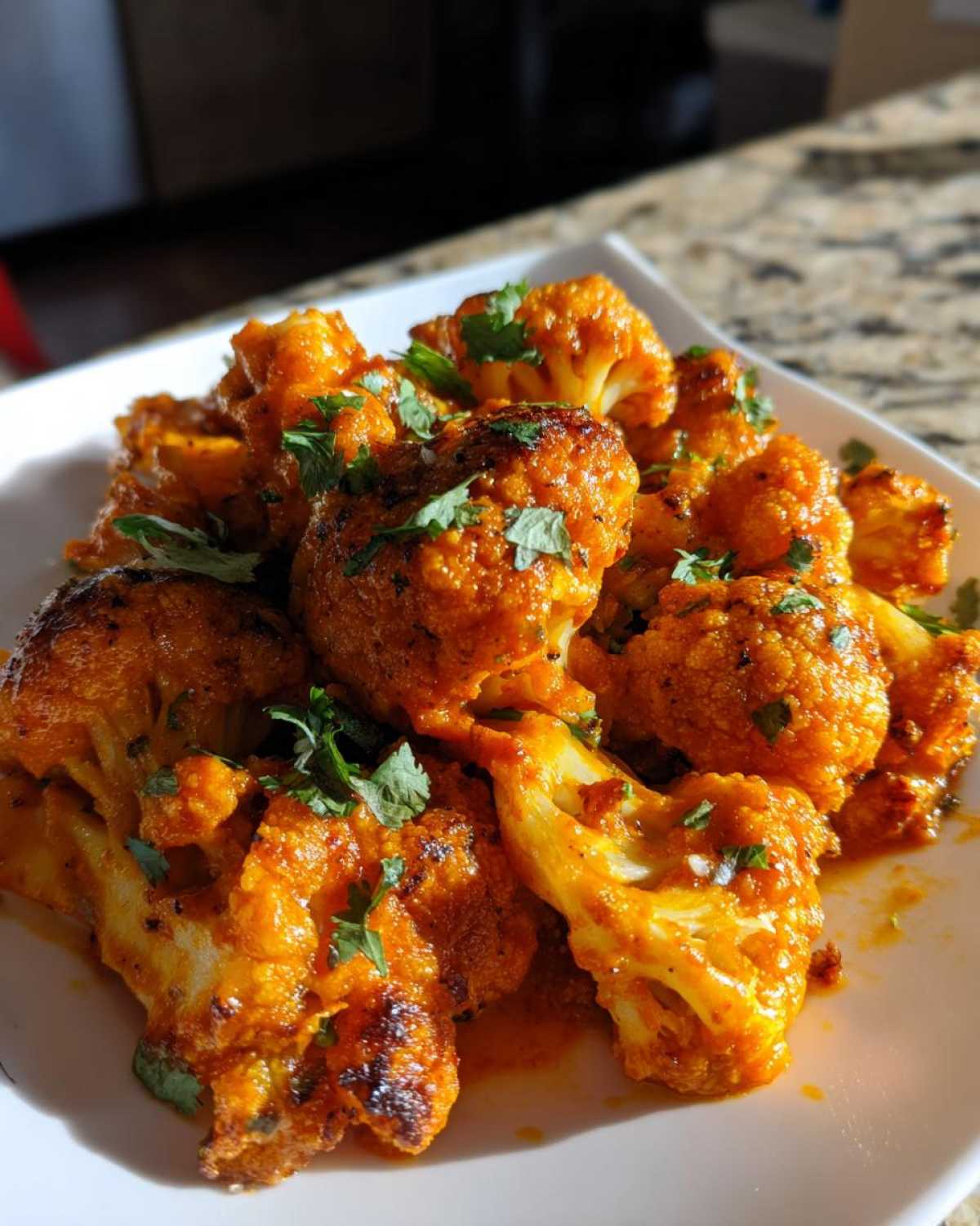 Close-up of roasted cauliflower florets coated in rich orange sauce, garnished with cilantro, ready to eat Vegan Cauliflower Tikka Masala.