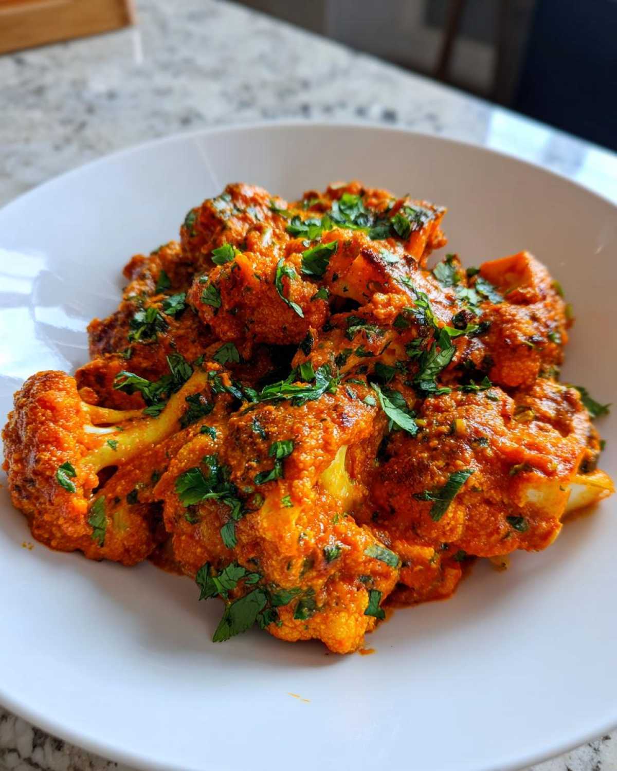 A vibrant close-up of Vegan Cauliflower Tikka Masala, featuring florets coated in rich orange sauce and topped with fresh cilantro.