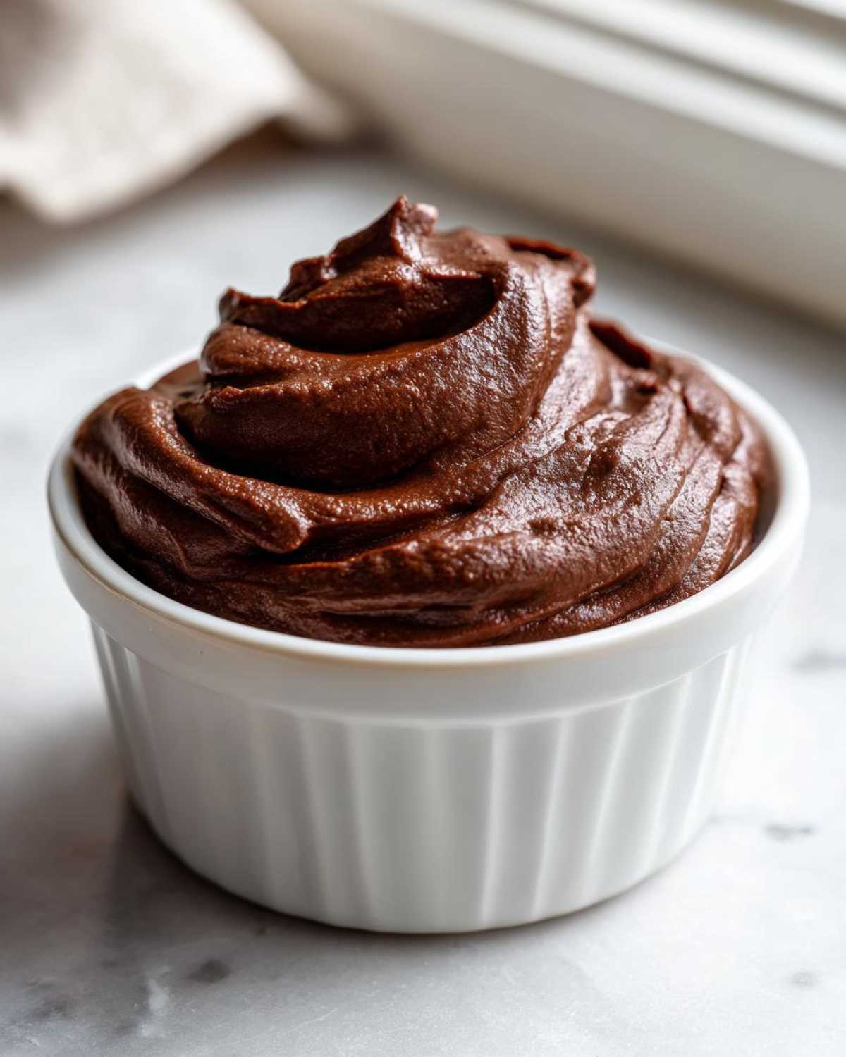 A close-up of rich, dark Vegan Chocolate Avocado Mousse swirled high in a white ceramic ramekin.