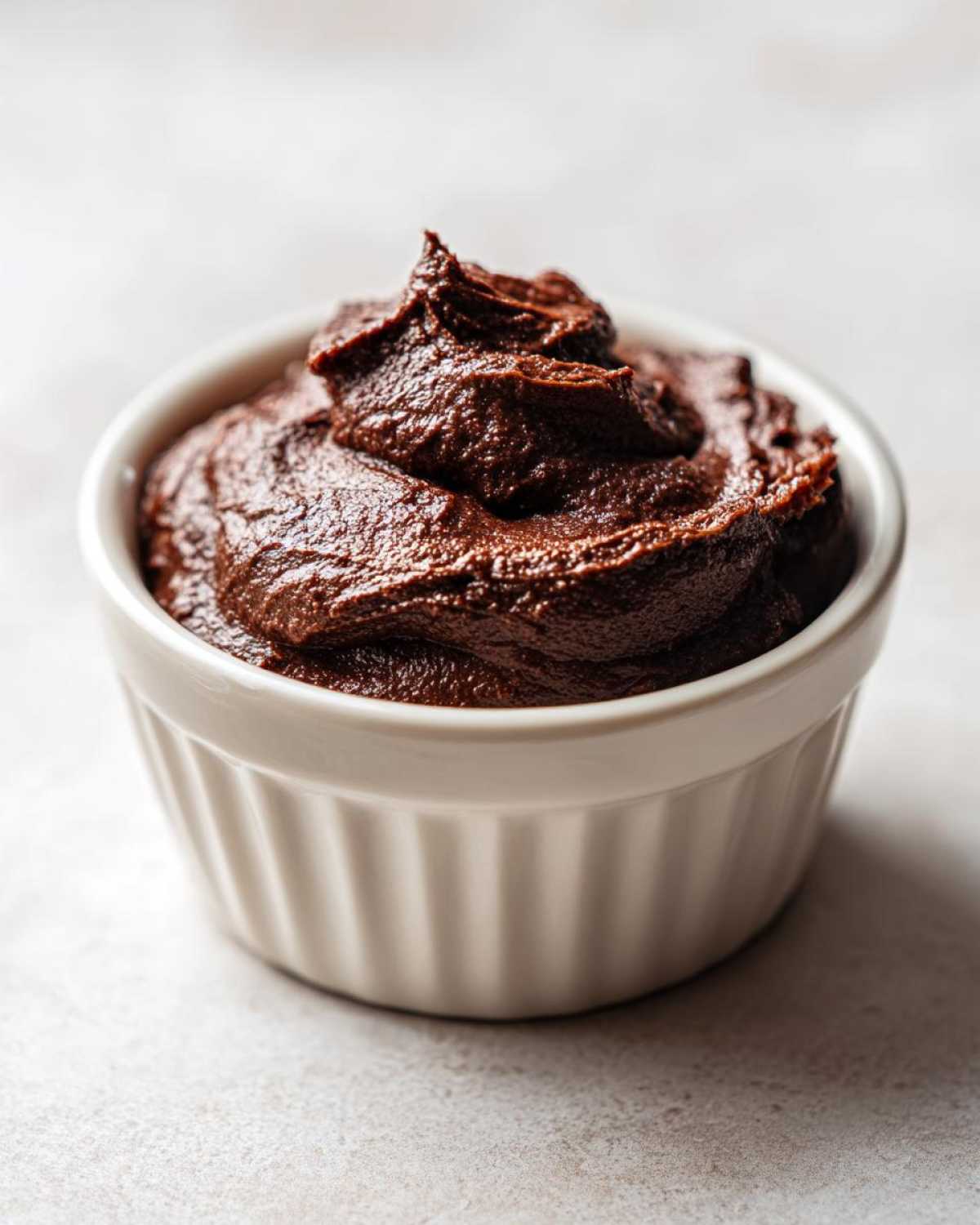A close-up of rich, dark Vegan Chocolate Avocado Mousse swirled high in a small white ramekin.