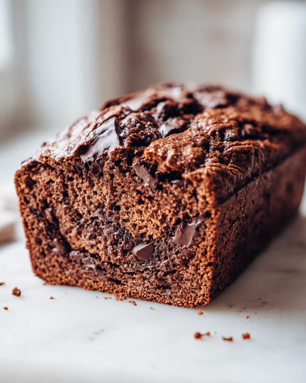 Close-up of a moist, dark chocolate Vegan Chocolate Banana Bread loaf studded with melted chocolate chips.