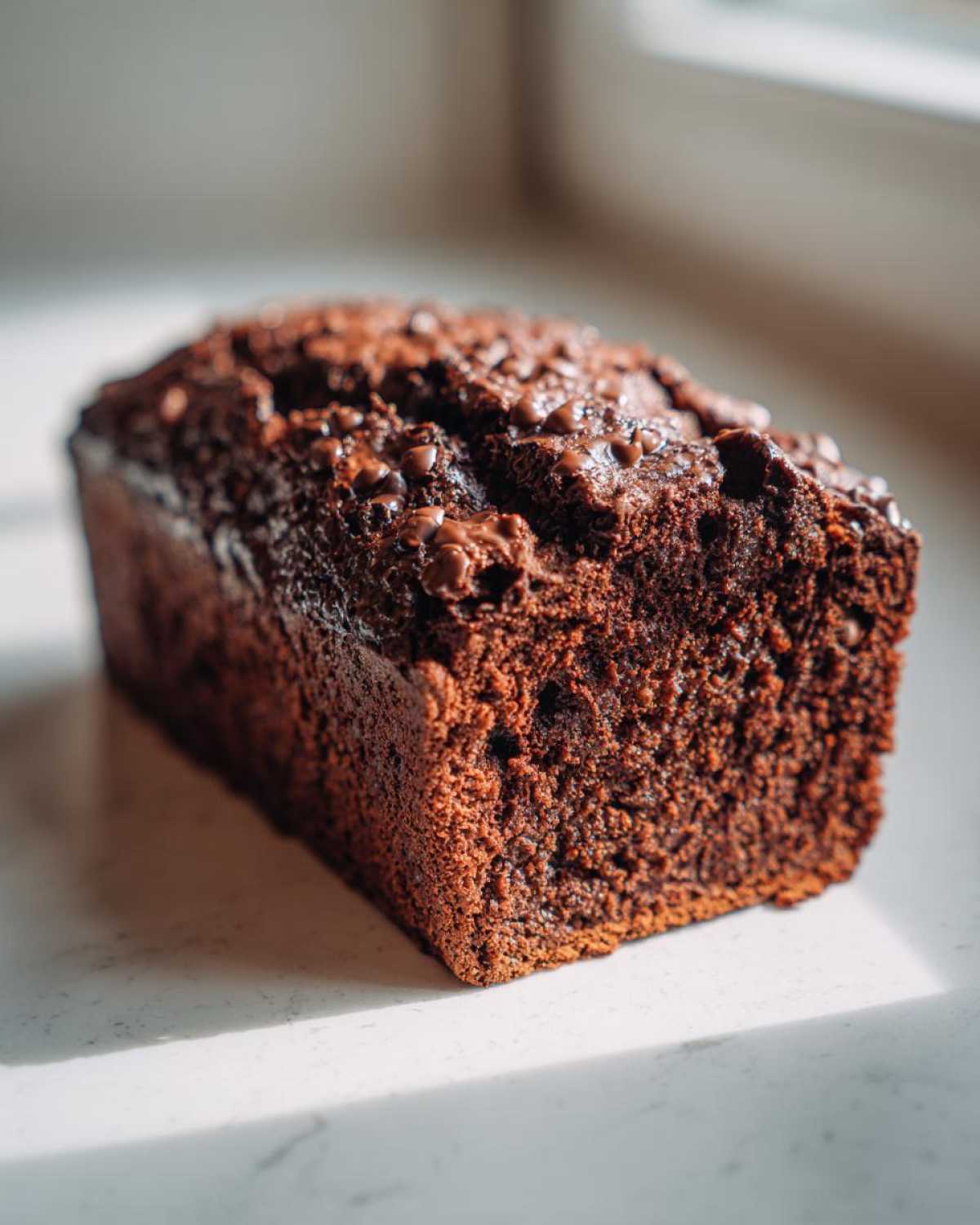 A close-up of a rich, dark chocolate loaf topped with chocolate chips, representing Vegan Chocolate Banana Bread.