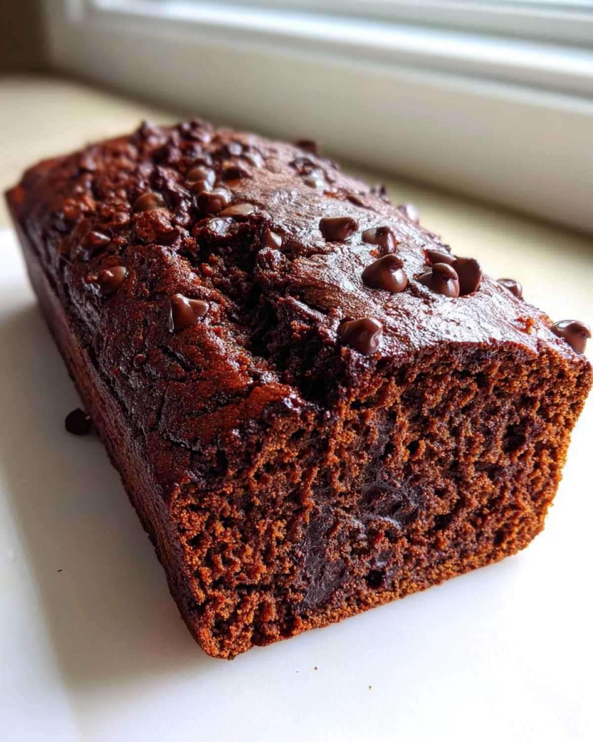 Close-up of a freshly baked, dark chocolate Vegan Chocolate Banana Bread loaf topped with melted chocolate chips.