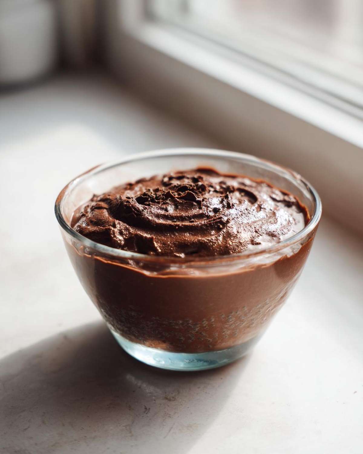 Close-up of rich Vegan Chocolate Chia Pudding in a clear glass bowl, set near a window.
