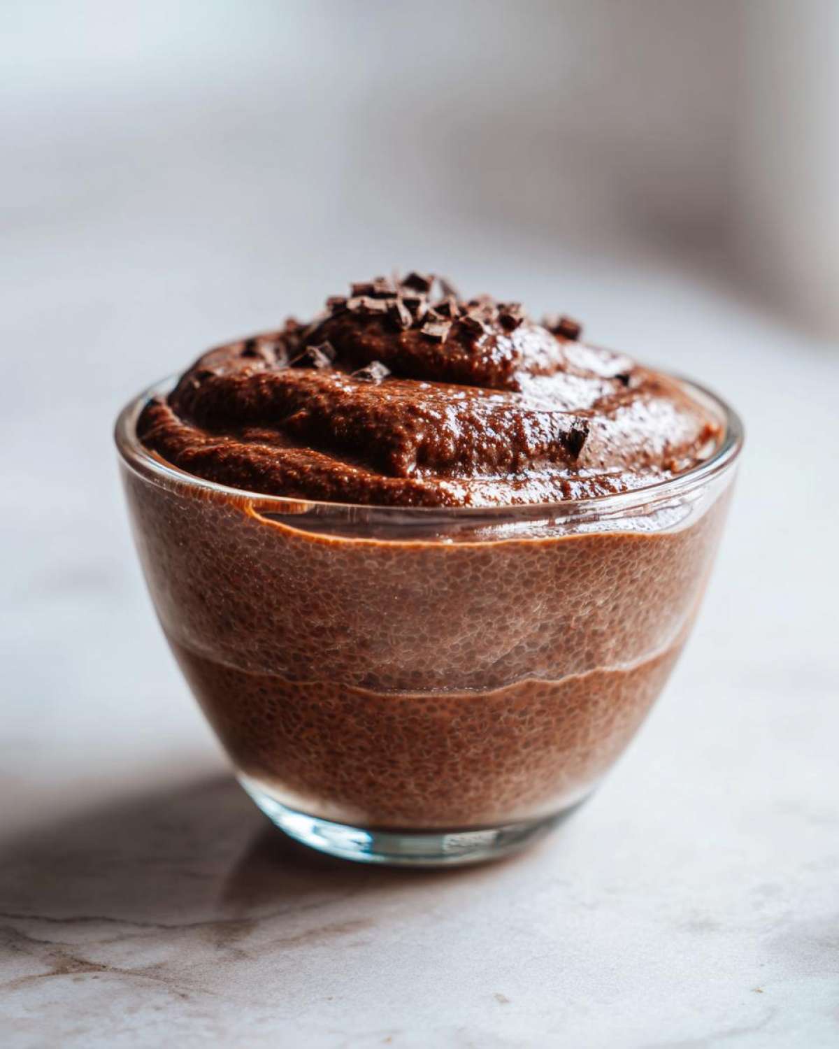 Close-up of rich Vegan Chocolate Chia Pudding topped with chocolate shavings in a glass serving dish.