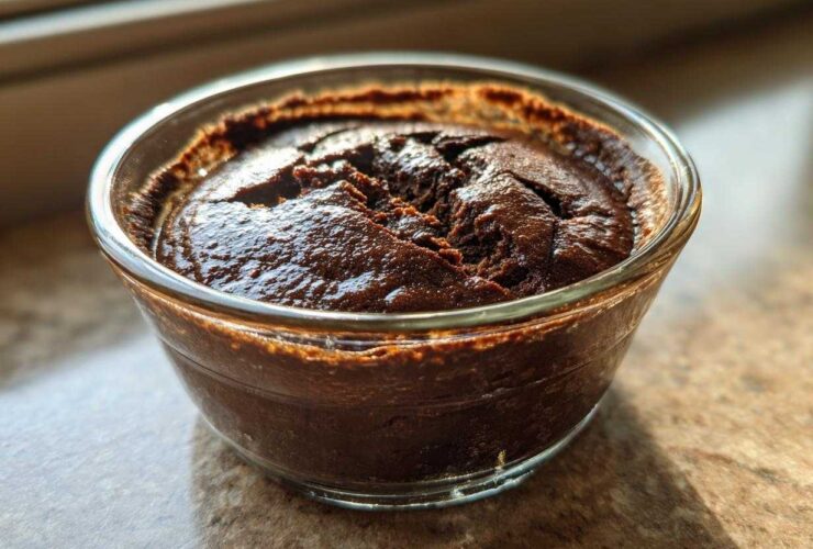 Close-up of thick, dark Vegan Chocolate Chia Pudding set in a small clear glass bowl.