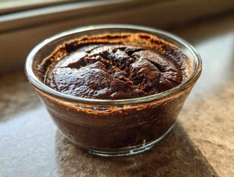 Close-up of thick, dark Vegan Chocolate Chia Pudding set in a small clear glass bowl.