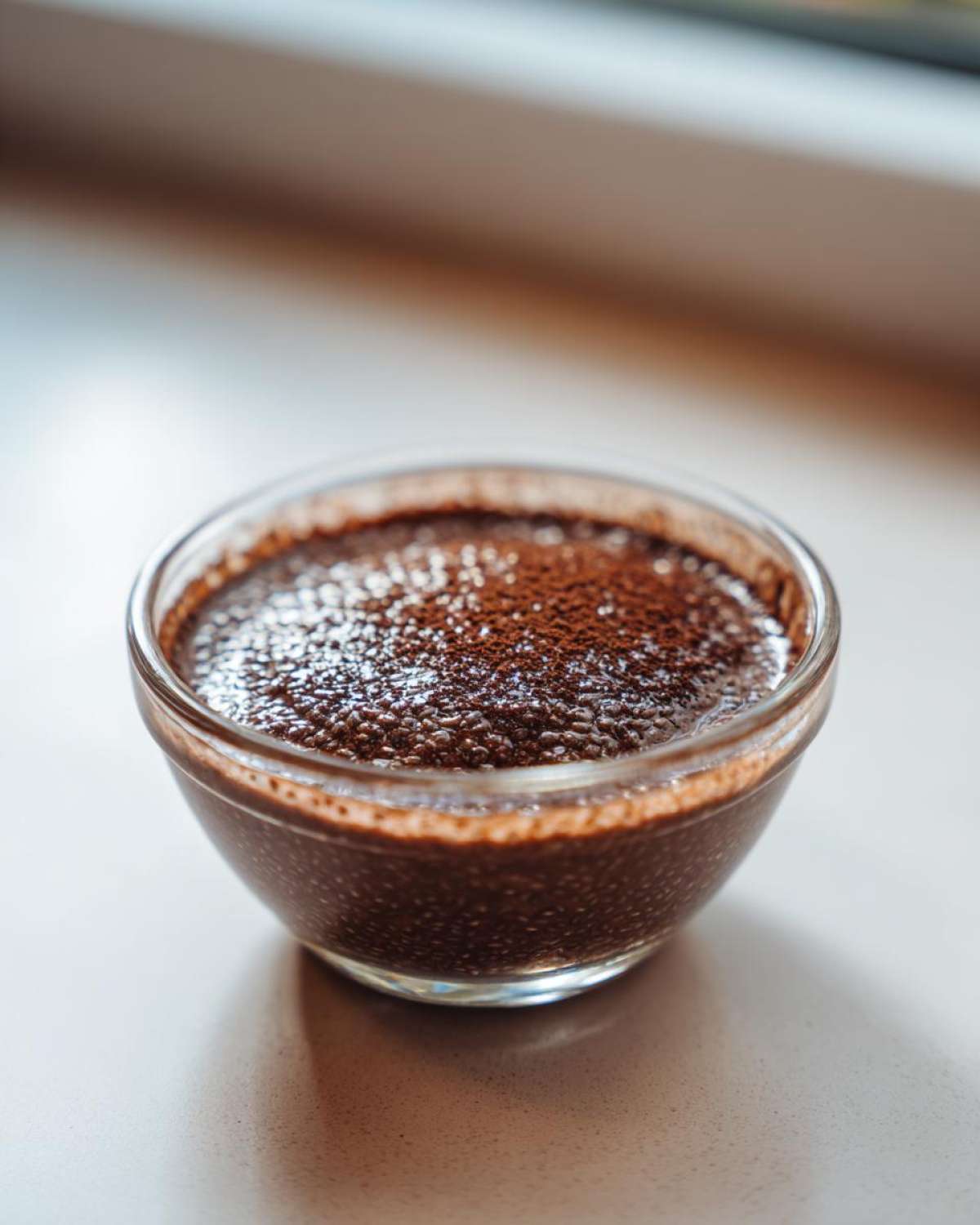 Close-up of rich Vegan Chocolate Chia Pudding topped with cocoa powder in a small glass bowl.