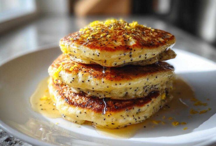 A close-up of three fluffy Vegan Lemon Poppy Seed Pancakes stacked and drizzled with syrup and lemon zest.
