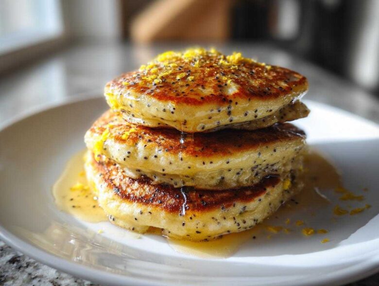 A close-up of three fluffy Vegan Lemon Poppy Seed Pancakes stacked and drizzled with syrup and lemon zest.