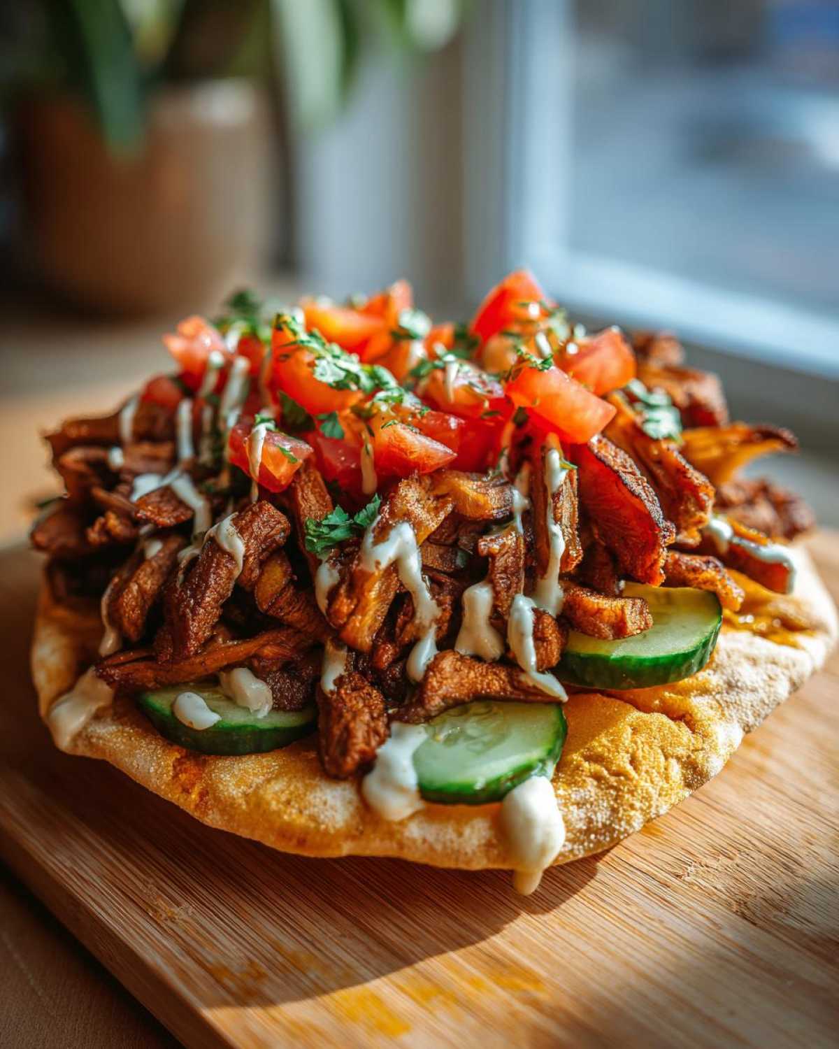 A close-up of Vegan Mushroom Shawarma served open-faced on pita bread with cucumbers, tomatoes, and tahini sauce.