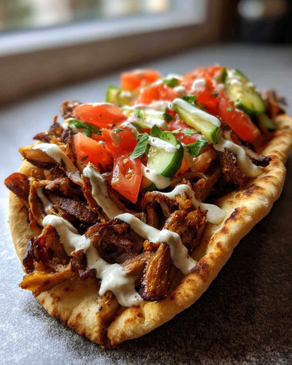 Close-up of Vegan Mushroom Shawarma served open-faced on a piece of pita bread, topped with tomatoes, cucumbers, and white sauce.