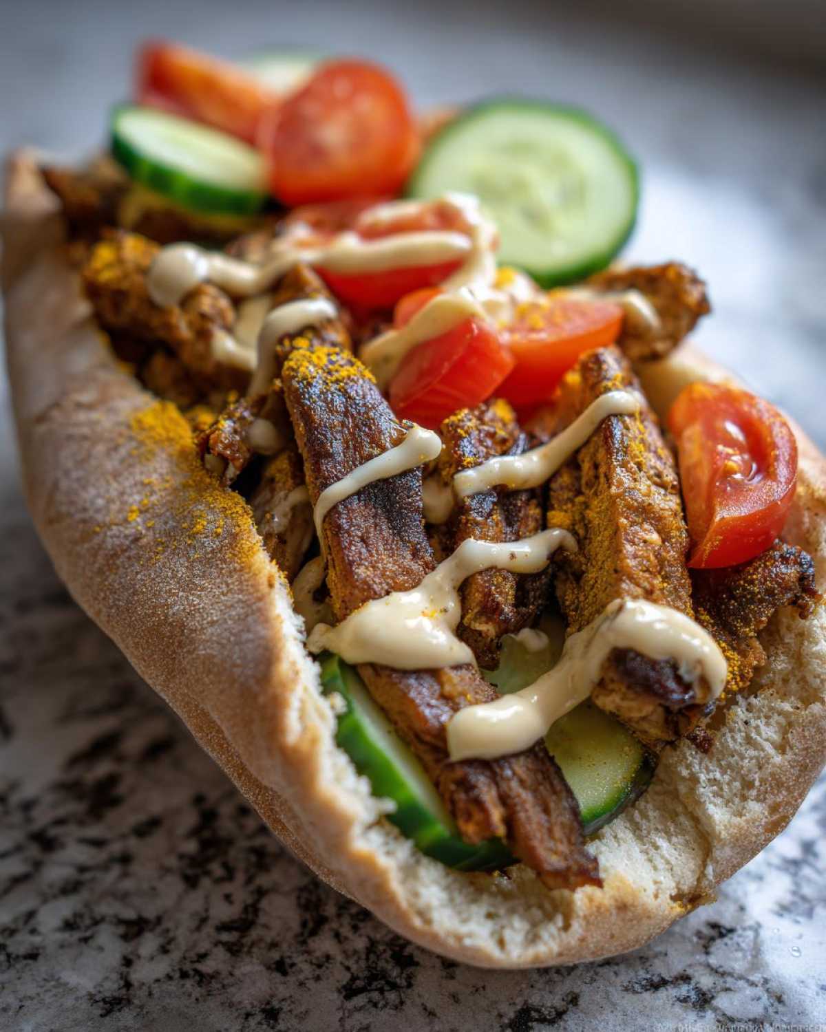 A close-up of a pita pocket filled with seasoned Vegan Mushroom Shawarma, fresh cucumber, tomatoes, and drizzled with tahini sauce.