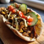 Close-up of a Vegan Mushroom Shawarma served in a pita bread, topped with tomatoes, cucumbers, and creamy sauce.