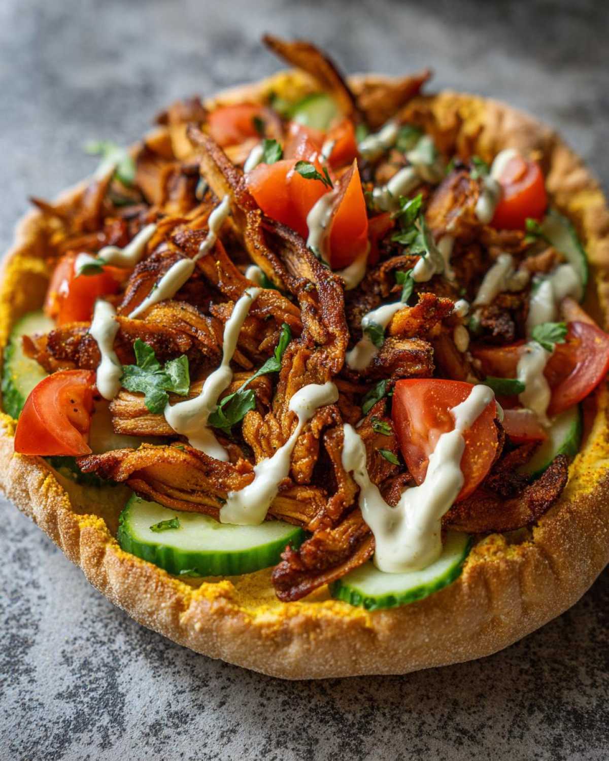 A close-up of Vegan Mushroom Shawarma piled high with seasoned mushrooms, cucumbers, tomatoes, and a white sauce on pita bread.