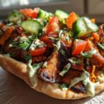 A delicious Vegan Mushroom Shawarma loaded with spiced mushrooms, tomatoes, cucumbers, and creamy sauce in a pita.