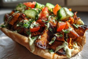 A delicious Vegan Mushroom Shawarma loaded with spiced mushrooms, tomatoes, cucumbers, and creamy sauce in a pita.