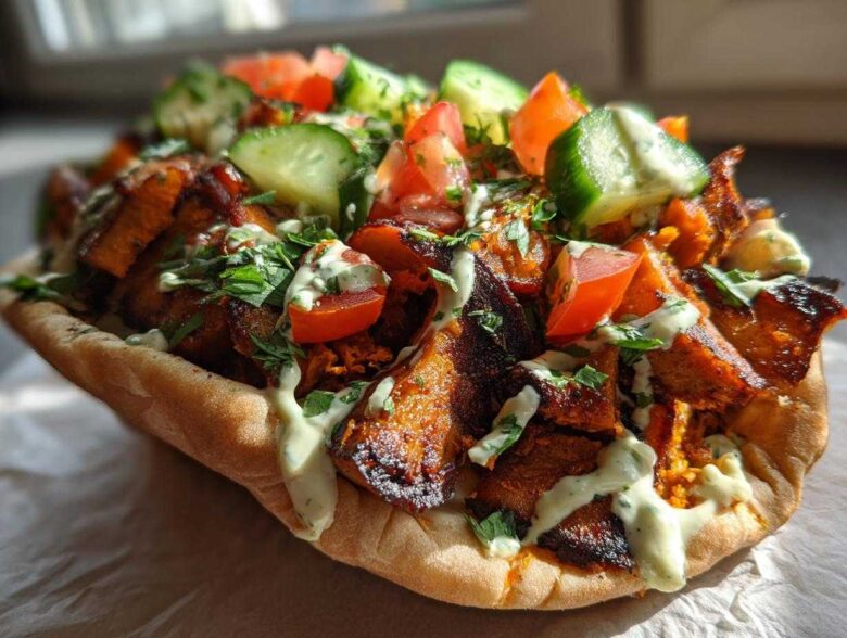A delicious Vegan Mushroom Shawarma loaded with spiced mushrooms, tomatoes, cucumbers, and creamy sauce in a pita.