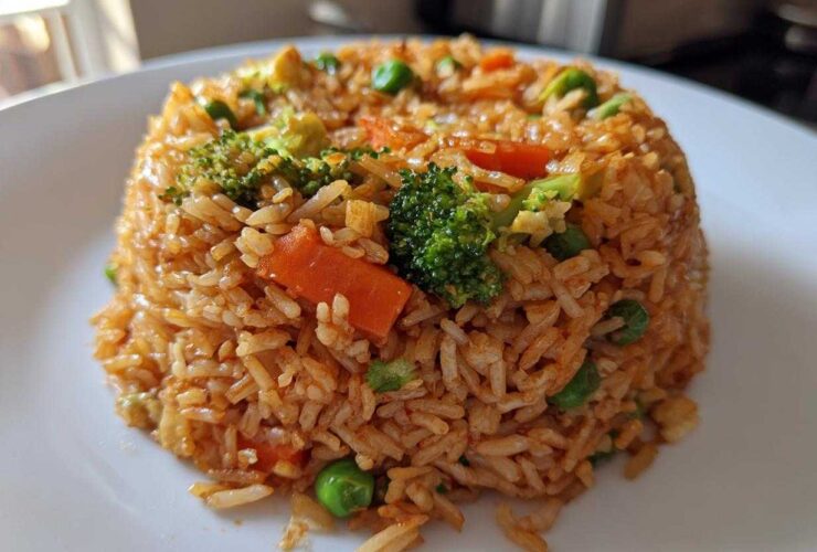 A perfectly molded serving of Vegetable Fried Rice with Sesame Ginger Sauce, featuring broccoli, carrots, and peas.