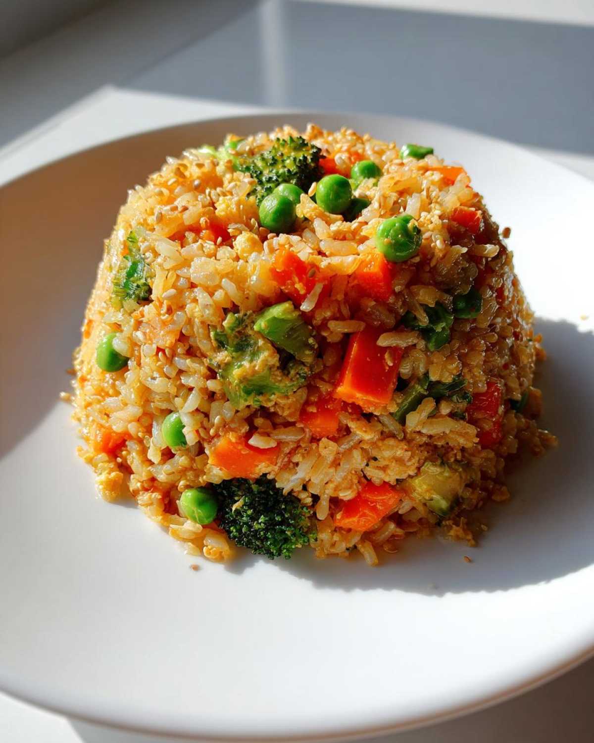 A mound of colorful Vegetable Fried Rice with Sesame Ginger Sauce, featuring peas, carrots, and broccoli florets, served on a white plate.