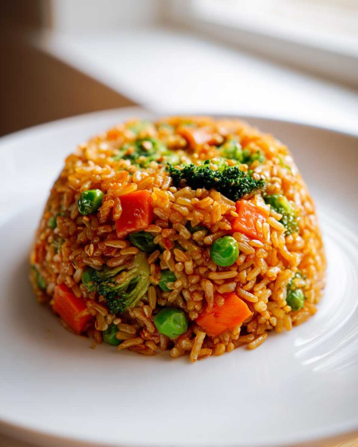 A dome-shaped serving of Vegetable Fried Rice with Sesame Ginger Sauce featuring bright green peas, orange carrots, and broccoli florets.