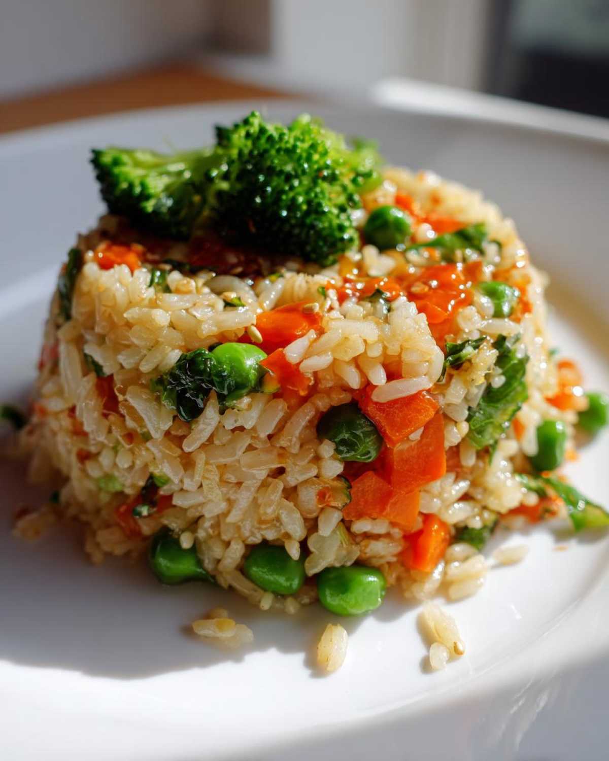 A molded serving of Vegetable Fried Rice with Sesame Ginger Sauce, topped with a floret of broccoli.