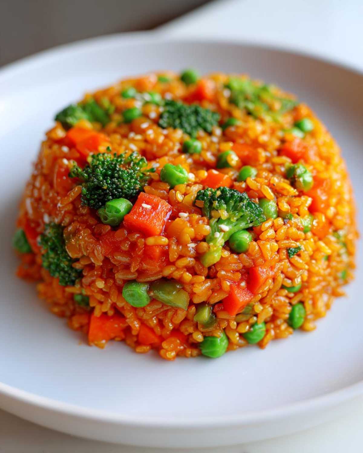 A perfectly molded serving of bright orange Vegetable Fried Rice with peas, carrots, and broccoli florets, sprinkled with sesame seeds.