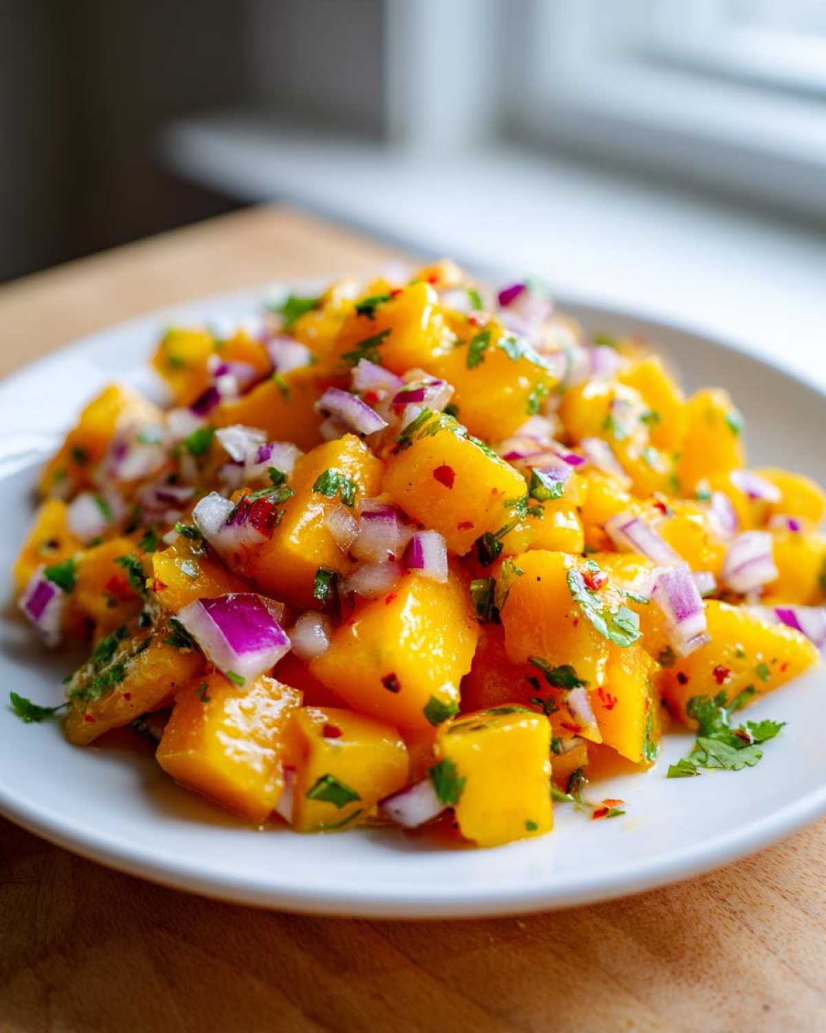 Close-up of bright yellow chunks of mango mixed with diced red onion and cilantro in a fresh Spicy Mango Salsa.