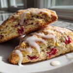Two halves of freshly baked White Chocolate Raspberry Scones topped with a sweet white glaze, resting on a white plate.