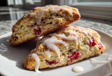 Two halves of freshly baked White Chocolate Raspberry Scones topped with a sweet white glaze, resting on a white plate.