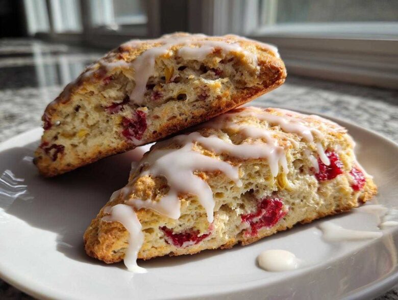 Two halves of freshly baked White Chocolate Raspberry Scones topped with a sweet white glaze, resting on a white plate.