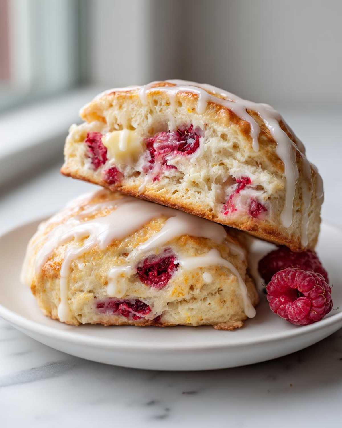Two glazed White Chocolate Raspberry Scones stacked, showing raspberries and white chocolate chunks inside.