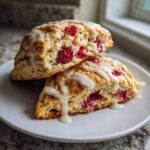 Two halves of freshly baked White Chocolate Raspberry Scones stacked and drizzled with white icing.
