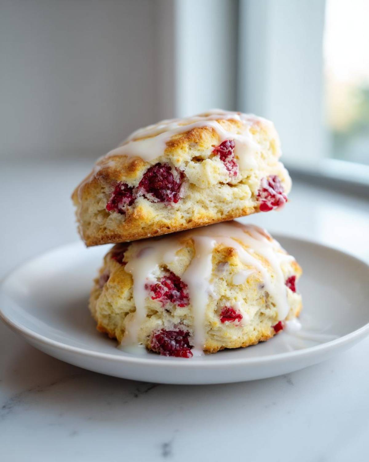 Two freshly baked White Chocolate Raspberry Scones stacked on a white plate, drizzled with white icing.