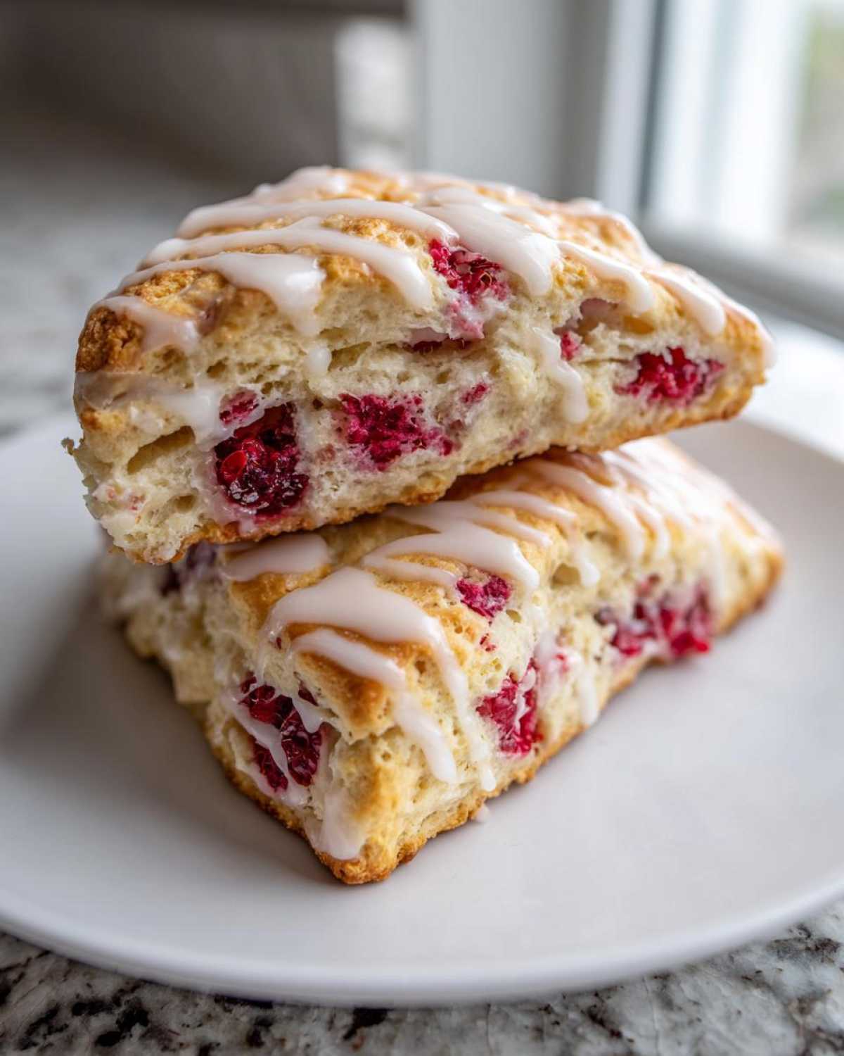 Two stacked White Chocolate Raspberry Scones drizzled with a sweet white glaze on a white plate.