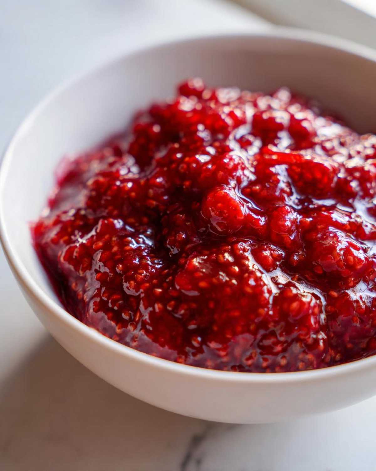 Close-up of thick, vibrant red 10-Minute Strawberry Chia Jam texture, showing visible chia seeds and crushed strawberries in a white bowl.