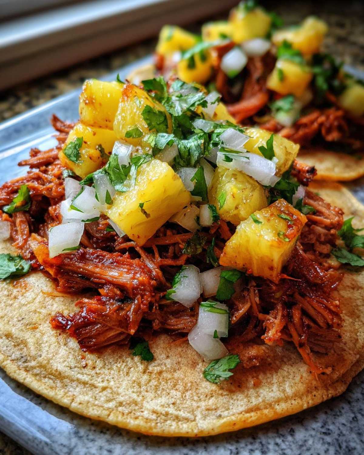 Close-up of a delicious Al Pastor Pork Tacos topped generously with diced pineapple, white onion, and cilantro.