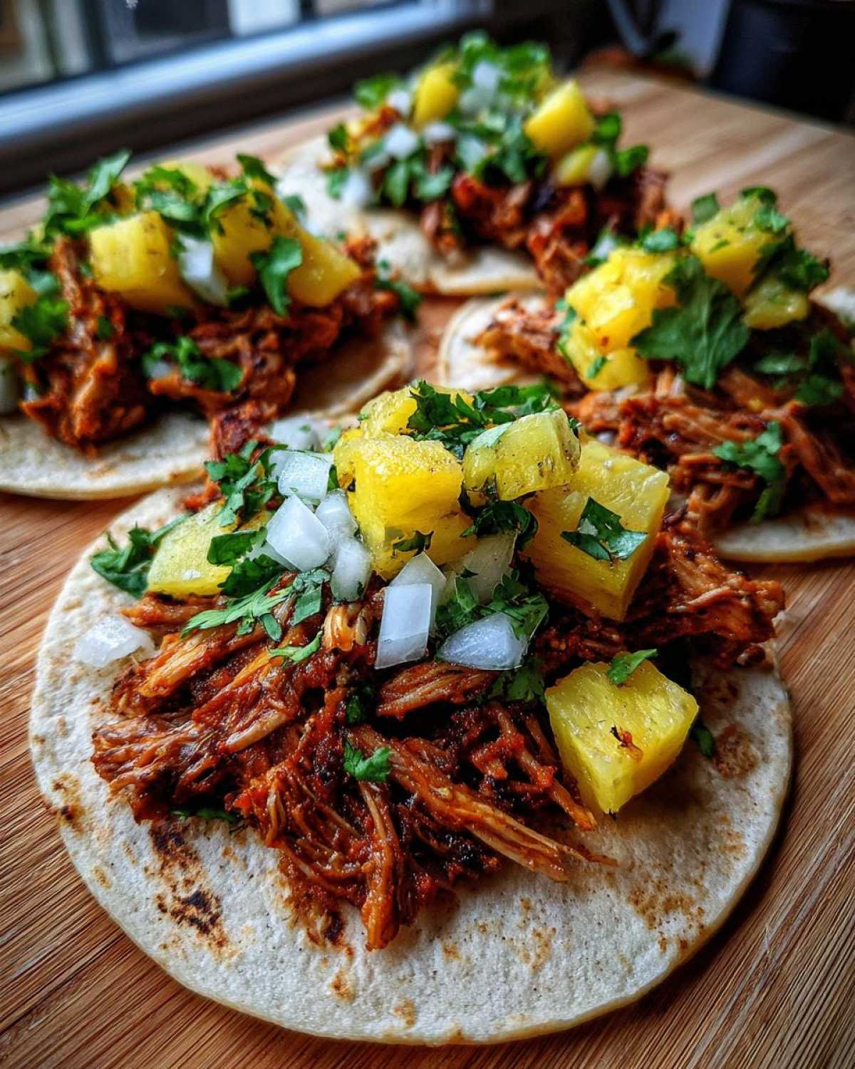 Close-up of several Al Pastor Pork Tacos topped with chunks of pineapple, diced white onion, and cilantro.