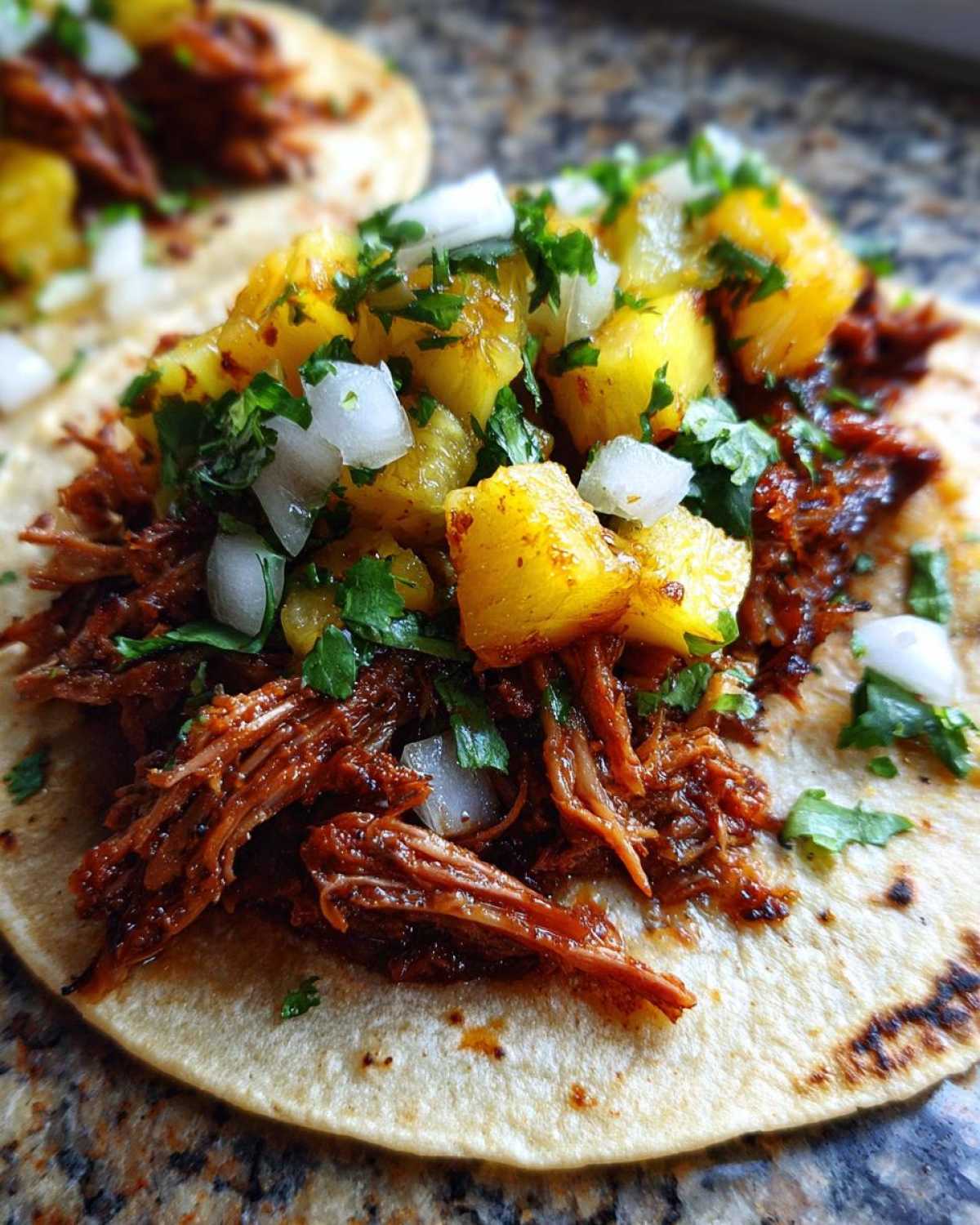 Close-up of a delicious Al Pastor Pork Tacos topped with diced pineapple, white onion, and cilantro on a corn tortilla.