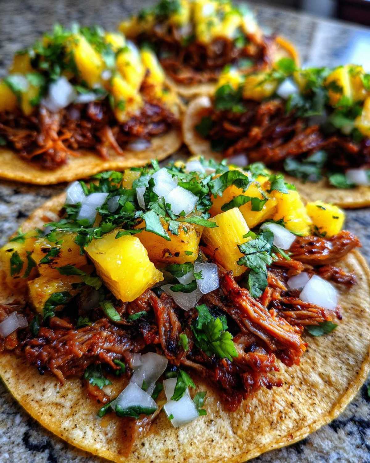 A close-up of a delicious Al Pastor Pork Tacos topped with chunks of pineapple, diced white onion, and fresh cilantro.